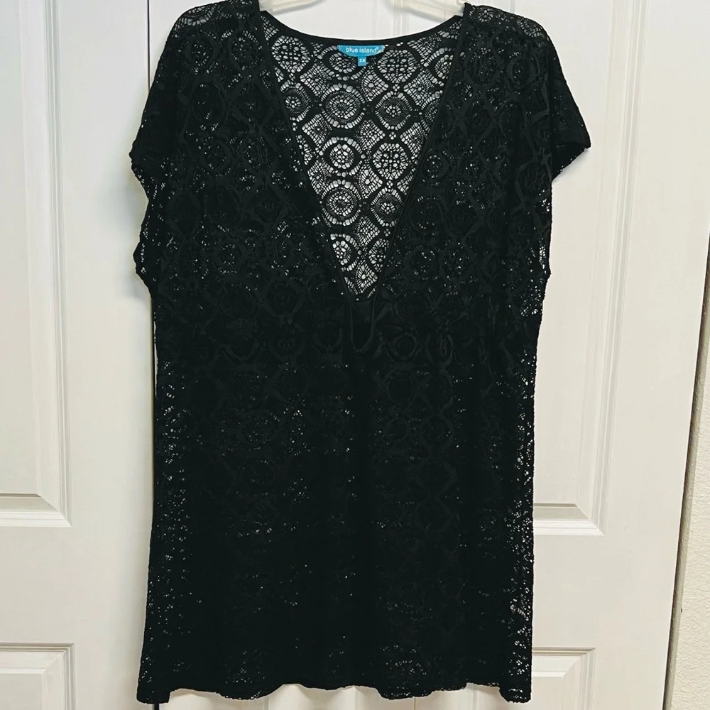 Blue Island Black Lace V-Neck Swim Coverup Plus size 2X